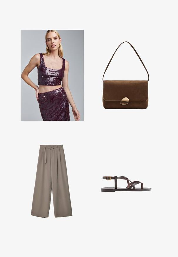 Burgundska cropped majica sa šljokicama i kvadratnim izrezom, uz odgovarajuću suknju koja ima glatku teksturu i sjajnu površinu na obje komade.; Široke hlače u mekoj, prigušenoj sivoj tkanini, s remenom na struku i plisiranim detaljima za dodatni dizajn. Glatka tekstura, bez uzoraka.; Smeđe kožne sandale s iskrižanim trakama, umetkom za zapešće s kopčanjem i ravnim potplatom s minimalnim detaljima šivanja.; Smeđa antilop torba preko ramena s zakrivljenim zlatnim kopčom i jednom trakom, pravokutnog oblika s preklopom.