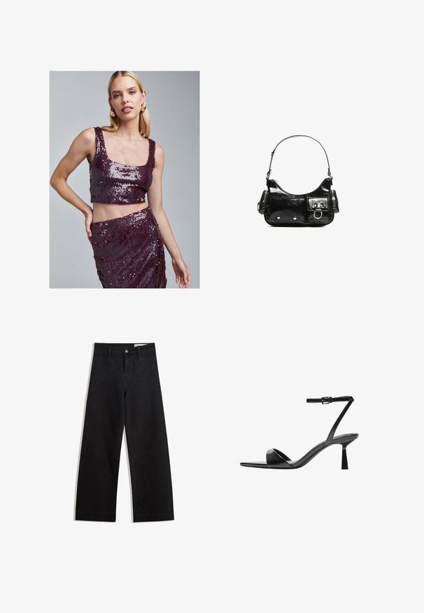 Bordeaux sequin crop top met een vierkante halslijn en bijpassende rok, met een gladde textuur en glinsterend oppervlak op beide stukken.; Zwarte denim broek met wijde pijpen en een hoge taille, voorzien van voor- en achterzakken, gestikte naden en een knoopsluiting. Gladde textuur.; Bershka Sandalen met hoge hak - black; Zwarte laarzen in lakleer met een gebogen vorm, één schouderband, voorvakken en accenten in zilverkleurig metaal.