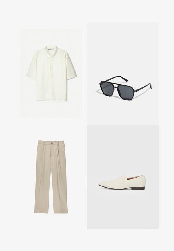 Korte mouwen overhemd met knopen in off-white linnen. Beschikt over een klassieke kraag, knopen aan de voorkant en een ontspannen pasvorm. Minimalistisch ontwerp met subtiele textuur.; Beige broek met een rechte snit, voorzien van een enkele zwarte knoop, riemlussen en zijzakken. Glad stoffen textuur en een minimalistisch ontwerp.; Lichtbeige loafers met een spitse neus, glad materiaal, een band over de wreef en een lage bruine zool. Eenvoudig ontwerp met minimale accenten.; Zwarte zonnebril met een octagonaal frame, donkere lenzen, glanzende afwerking, dunne tempels en gouden accenten aan de voorkant.
