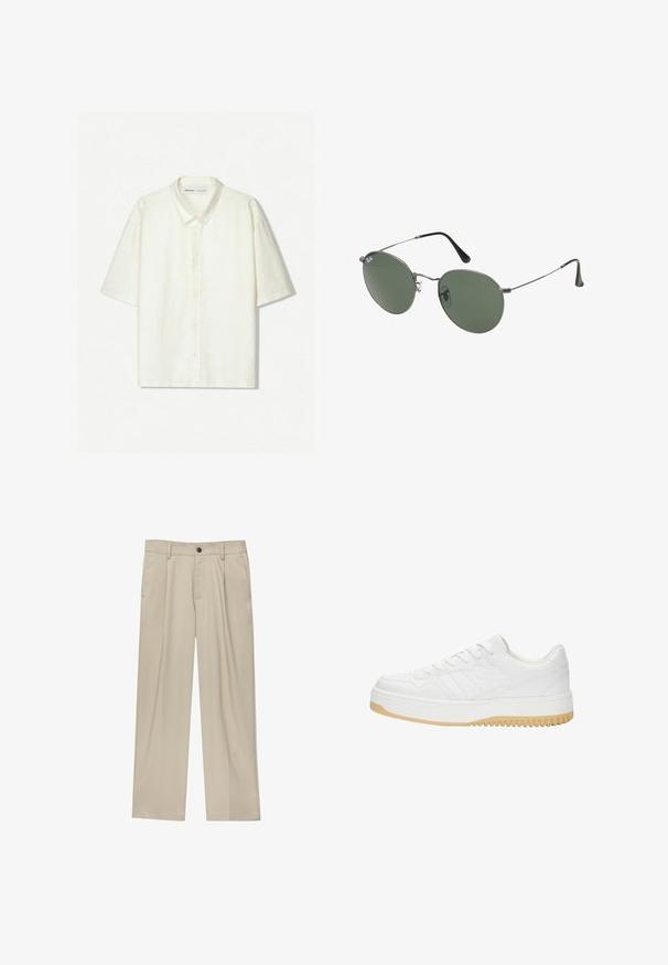 Kortärmad skjorta med knappar i off-white linne. Har klassisk krage, framknäppning och en avslappnad passform. Minimalistisk design med subtil textur.; Beiga byxor med rak passform, utrustade med en enda svart knapp, bältesöglor och sidofickor. Slät tygkänsla och minimalistisk design.; Vit lädersneaker med en texturerad yta, som har en gummisula, snördesign och subtila randaccenter på sidorna.; Metallinramade solglasögon med ovala gröna linser. Tunn silvermetallram och svarta öronpluggar. Minimalistisk design, inga synliga logotyper.