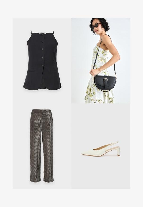 Melnā bez piedurknēm augšdaļa ar taisnu griezumu, kurai ir seši pogu rindas priekšpusē, divas sānu kabatas un šķiršanās aizmugurē. Gluda auduma tekstūra.; Pelēkas locītas plata kāju bikses ar teksturētu dimanta formas rakstu. Mīksts materiāls, elastīga josta un īsa garuma.; Balta patent ādas sandale ar norādītu purngalu un zemu blokus papēdi. Satur smalku siksniņu ar zelta krāsas sprādzi.; Melnas ādas rokassoma ar izliekta formu, noņemamu siksnu un zelta aksesuāriem. Somai ir vāciņš ar sprādzes detaļu.