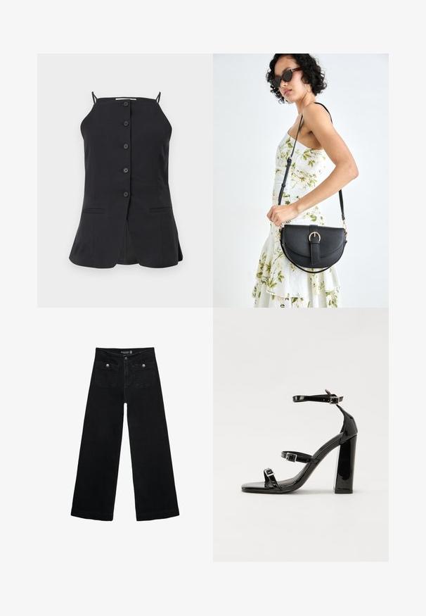 Schwarzes ärmelloses Oberteil mit geradem Schnitt, ausgestattet mit sechs Knöpfen auf der Vorderseite, zwei seitlichen Taschen und einem Schlitz auf der Rückseite. Glatte Stofftextur.; Schwarze, weit geschnittene Jeans mit hoher Taille, die zwei Fronttaschen und metallene Knopfakzente aufweist. Der Stoff hat eine glatte Textur.; Schwarze patentierte Sandalen mit Absatz, quadratischer Spitze, Knöchelriemen und silbernen Schnallen. Mit einem stabilen Blockabsatz für mehr Stabilität.; Schwarze Lederhandtasche mit geschwungener Form, abnehmbarem Tragegurt und goldenen Beschlägen. Die Tasche verfügt über einen Deckel mit einer Schnallen-Details.
