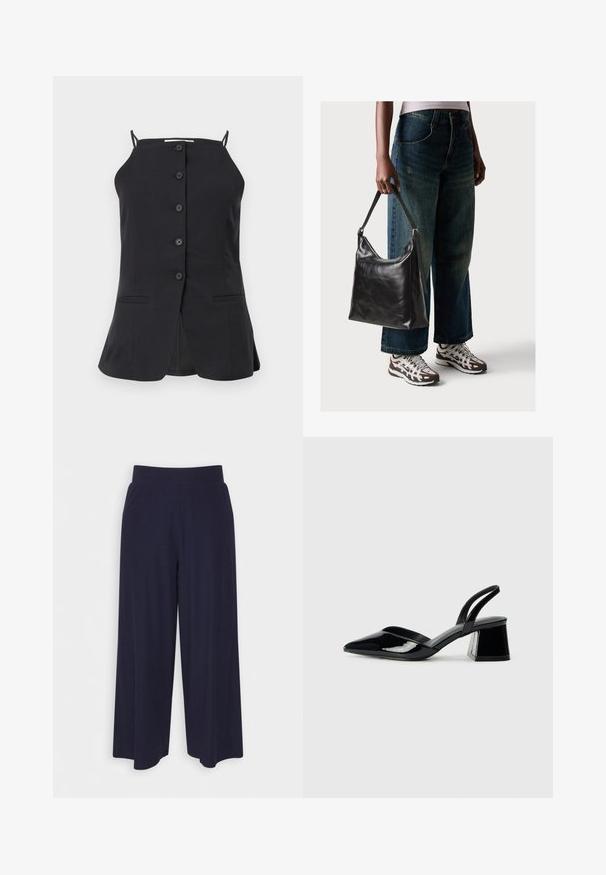 Schwarzes ärmelloses Oberteil mit geradem Schnitt, ausgestattet mit sechs Knöpfen auf der Vorderseite, zwei seitlichen Taschen und einem Schlitz auf der Rückseite. Glatte Stofftextur.; Weit geschnittene Hosen aus dunkelnavy Stoff mit strukturiertem Rippendesign. Merkmale sind ein glatter Hosenbund und eine luftige Silhouette, die bis zur Mitte der Wade reicht.; Schwarze Lackleder-Slingback-High Heels mit spitzem Schuh und einem geometrischen Blockabsatz. Verfügt über ein schlankes, minimalistisches Design und eine glatte Textur.; Schwarze Leder-Schultertasche mit glatter Textur und verstellbarem Riemen, kombiniert mit ausgewaschenen weit geschnittenen Jeans und sportlichen Sneakern.