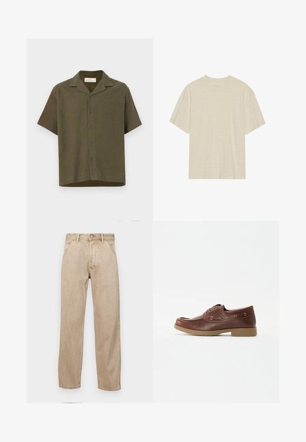 Rövid ujjú, gallér nélküli ing sötét olívazöld szövetből. Az elején öt gomb található, és egyenes aljjal rendelkezik. Pamut és len keverékből készült.; Krém színű, rövid ujjú póló, finom csíkozott textúrával és kerek nyakkivágással, könnyű anyagból készült.; Beige színű farmernadrág egyenes fazonnal, elülső zsebekkel, fém gombos záródással és diszkrét textúrával.; Barna bőr csónakcipő lekerekített orral, texturált talppal, arany szemölccsel és varrással a felső rész mentén, klasszikus dizájnnal.