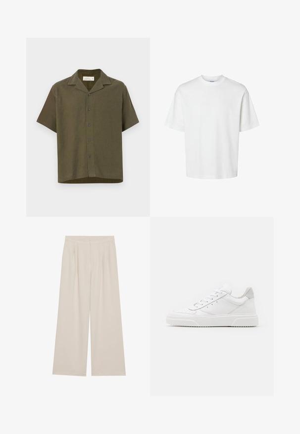 Kurzes Ärmel, kragenloses Hemd aus dunkelolivgrünem Stoff. Verfügt über fünf Knöpfe auf der Vorderseite und einem geraden Saum. Hergestellt aus einem Leinenmix.; Weißes Baumwoll-T-Shirt mit kurzen Ärmeln, Rundhalsausschnitt und lässigem Schnitt. Glatte Textur ohne sichtbare Muster oder Akzente.; Beige weite Hose mit flachem Bund, Falten und elastischem Bund. Hergestellt aus einem leichten Stoff mit glatter Textur.; Weiße Leder-Sneaker mit glatter Oberfläche, rundem Zehenbereich, flachen Schnürsenkeln und strukturiertem Schuhsohlen. Graues Wildleder-Detail an der Ferse.