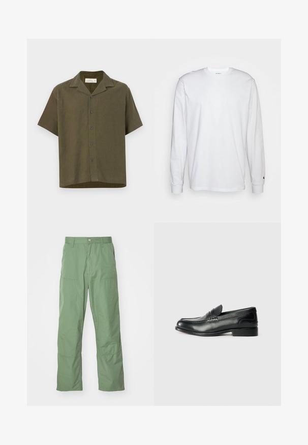 Košulja kratkih rukava bez ovratnika od tamno maslinaste tkanine. Ima pet dugmadi sprijeda i ravni rub. Izrađena je od mješavine lana.; Bijela dugopruga majica s dugim rukavima od pamuka. Dizajn s okruglim izrezom, rebrastim manžetama i malim logotipom na lijevom rukavu. Glatka tekstura.; Svijetlo zelene hlače opuštenog kroja od glatkog materijala, sa bočnim džepovima i vidljivim šavovima. Punog su dužine s ravnim krojem.; Crne kožne mokasine s glatkom finisiranjem, šivanim detaljima duž gornjeg dijela i lagano povišenim petama.