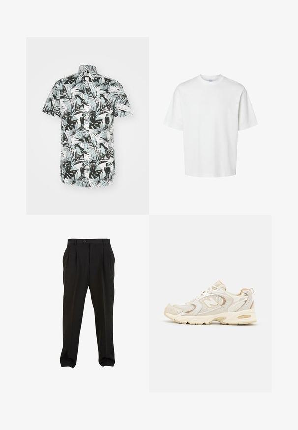 Jack & Jones JORJOSHUA ARUBA SHIRT - Hemd - cloud dancer; Weißes Baumwoll-T-Shirt mit kurzen Ärmeln, Rundhalsausschnitt und lässigem Schnitt. Glatte Textur ohne sichtbare Muster oder Akzente.; Schwarze Hose aus glattem Stoff mit Frontfalten, einem Knopfbund und schmal zulaufenden Knöchelbündchen. Klassische, taillierte Silhouette.; Beige Sportlichchuhe mit Mesh- und synthetischen Überzügen, mit einer strukturierten Oberfläche, gepolstertem Kragen und "ABZORB"-Dämpfung an der Ferse.