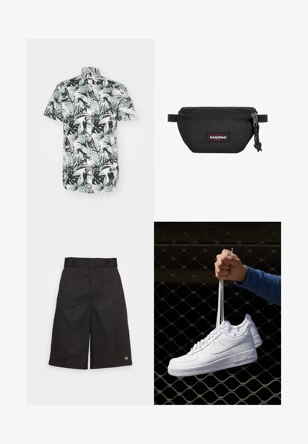 Jack & Jones JORJOSHUA ARUBA SHIRT - Overhemd - cloud dancer; Zwarte katoenen shorts met een rechte snit, knielengte, voorzien van een zichtbaar merklogo op de zoom en een gladde textuur.; Witte leren sneakers met perforaties, ronde neus, vlakke zool en dikke veters, met een zichtbare swoosh-logo en "AIR" op de hiel.; Zwarte heuptas gemaakt van duurzaam materiaal, met een ritsluiting, verstelbare schouderband en een rood-zwart logo-opdruk aan de voorkant.