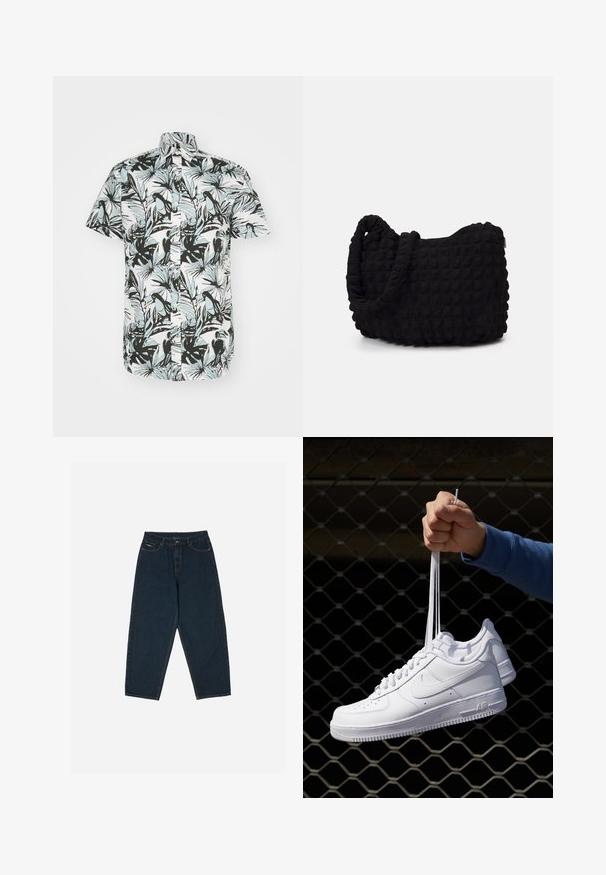 Jack & Jones JORJOSHUA ARUBA SHIRT - Krekls - cloud dancer; Tumši zili augsto vidukli bikši ar brīvu piegriezumu, piecu kabatu un pogu aizdari. Izgatavoti no gludas auduma.; Baltas ādas sporta apavi ar perforācijām, apaļu purngali, plakanu zoli un biezām šņorēm, ar redzamu swoosh logo un vārdu "AIR" uz papēža.; Melnas auduma soma ar strukturētu, quiltotu rakstu. Apaļa forma, īsas, resnas rokturi un mīksta, elastīga konstrukcija.