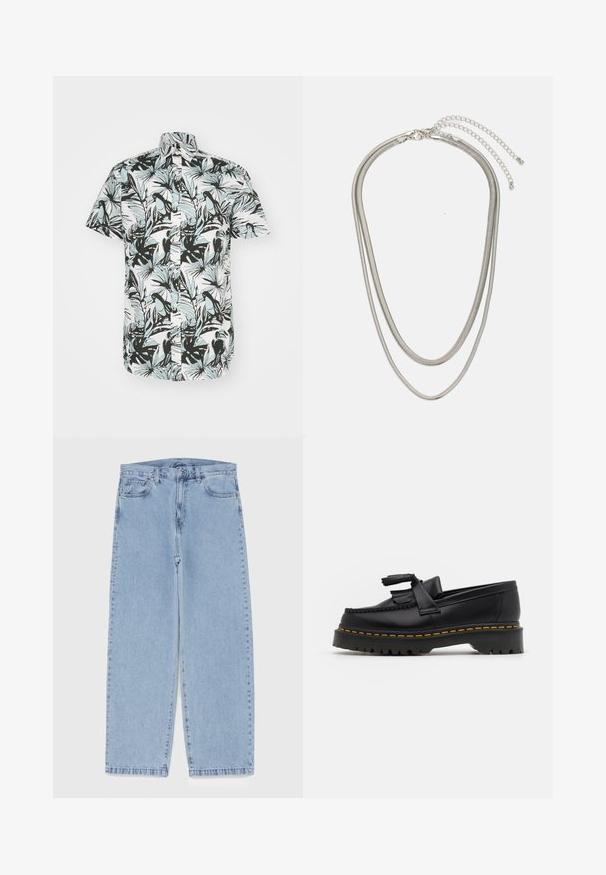 Jack & Jones JORJOSHUA ARUBA SHIRT - Skjorter - cloud dancer; Lyseblå denimjeans med straight leg-design, der har en mid-rise talje, fem lommer og en lukning med knap og lynlås.; Sort læderloafer med en frynsedetalje, der har en kraftig sort sål og gul syninger langs kanten. Teksturert overflade.; Tre-lags sølvmetal halskæde med slanke, flexible kæder med en let glans, sikret med en hummerlås og justerbar kæde.