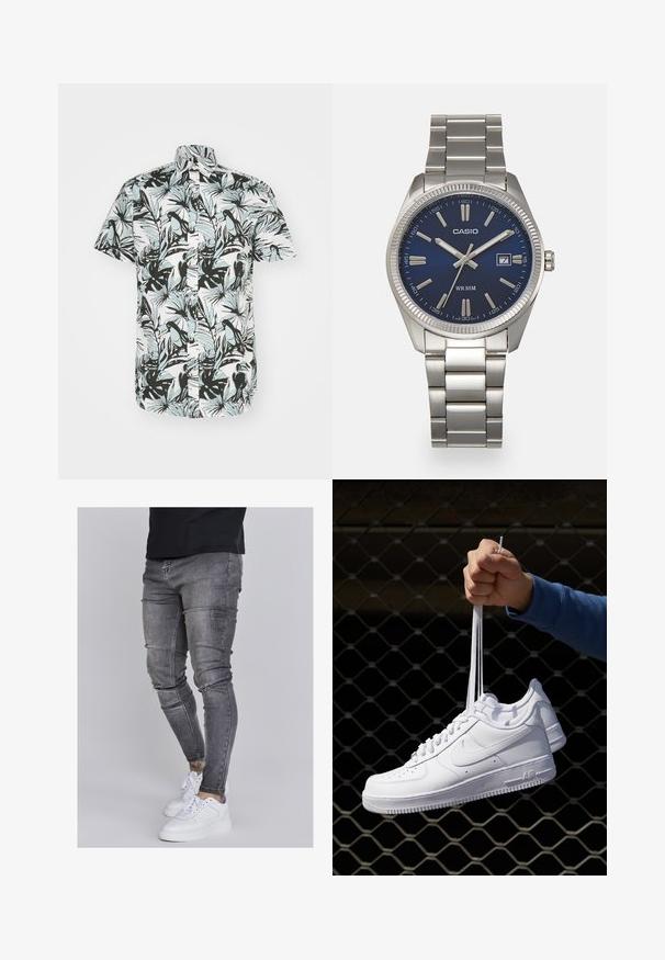 Jack & Jones JORJOSHUA ARUBA SHIRT - Hemd - cloud dancer; Schlanke Jeans aus ausgebleichtem grauem Denim, mit abgenutzten Details an den Knien, kombiniert mit weißen Sneakers. Glatte Textur, schlanker Schnitt.; Weiße Leder-Sneaker mit Perforationen, runder Zehenpartie, flacher Sohle und dicken Schnürsenkeln, mit sichtbar eingesticktem Swoosh-Logo und "AIR" an der Ferse.; Silberner Armbanduhr aus Edelstahl mit einem dunkelblauen Zifferblatt, metallischen Stundenmarkierungen und einem Datumsfenster bei 3 Uhr. Wasserdicht bis 50 Meter.