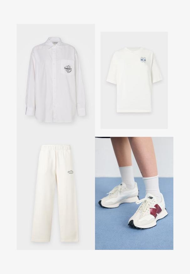 Carhartt WIP BLAZE - Chemisier - white/black; T-shirt en coton blanc à manches courtes, avec un graphique bleu de chaussures sur la partie gauche de la poitrine, ourlet droit.; Pantalons larges couleur crème fabriqués dans un matériau doux avec une ceinture élastique. Présente un texte brodé subtil en vert sur le devant.; Une paire de baskets blanches avec des accents bordeaux, des panneaux texturés, une semelle noire plate et des lacets légers, portées avec des chaussettes blanches mi-mollet.