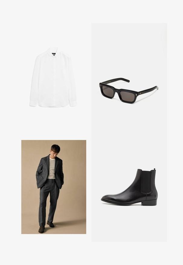 Witte overhemd met lange mouwen gemaakt van gladde stof, met een knoopsluiting aan de voorkant, puntscholieren en een afgeronde zoom met knoopmanchetten.; Grijs op maat gemaakte pak met notch revers en voorzakken, gecombineerd met een gestreept shirt. De broek heeft een ontspannen pasvorm en een vouwdetail. Bruine schoenen.; ALDO BERT - Lage laarzen - black; Zwarte rechthoekige zonnebril met donkere lenzen, een dik plastic montuur, gouden accenten op de veren en het merkembleem gegraveerd op de arm.