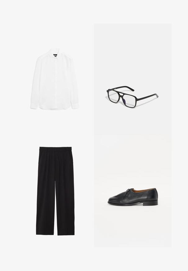 Hvid langærmet skjorte lavet af glat stof, med knaplukning foran, spidse kraver og rundet kant med knapmanchetter.; Sorte brede bukser med en plisseret front, sidelommer og en glat stoftekstur. Designet til en afslappet pasform.; Sorte lædersko med struktureret overflade, rund tå og en lille sløjfeaccent på overdelen. Har en lav, solid hæl.; Sorte rektangulære briller med klare linser og en subtil lilla nuance, der har slanke arme og et minimalistisk design.