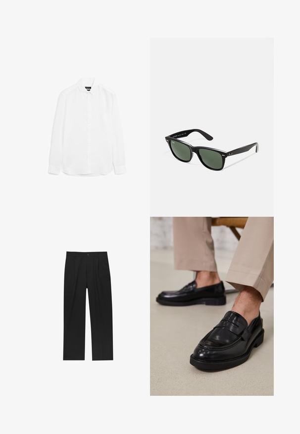 Hvid langærmet skjorte lavet af glat stof, med knaplukning foran, spidse kraver og rundet kant med knapmanchetter.; Sorte bukser med lige ben, lavet af et glat stof. Har frontfolder og en enkelt knaplukning i taljen.; Sorte lædermokkasiner med en glat overflade, der har en dekorativ rem og kontraststing, parret med beige bukser.; Sorte plastiksolkaber med grønne linser, firkantede stel, sølvaccent på brynene og teksturerede templede arme. Angivet mærke på den indre arm.