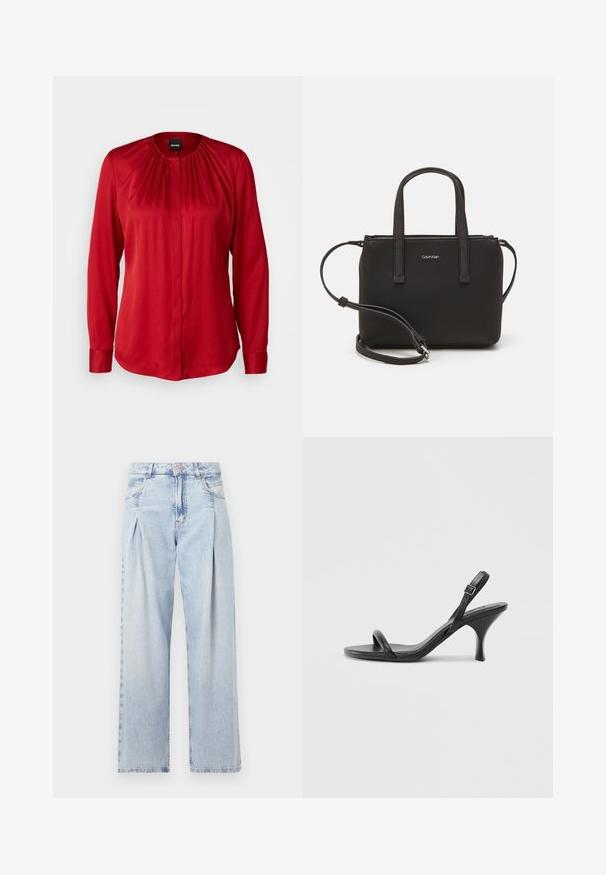 BOSS BANORAH - Paitapusero - bright red; Vaaleansiniset farkut, joissa on korkea vyötärö, leveälahkeinen leikkaus, kaksi sivutaskua ja pleatattu muotoilu. Pehmeä rakenne, jossa on haalistunut viimeistely.; Mustat nahkaiset korkokengät, joissa on hoikka, kaareva korko ja ristiin menevä hihnadesign. Säädettävä nilkkahihna. Silkkinen pinta.; Musta käsilaukku, jossa on kaksinkertaiset lyhyet kahvat ja irrotettava olkahihna. Silkkinen nahkatunneinen materiaali, jossa on vetoketjukiinnitys ja logoyksityiskohta.