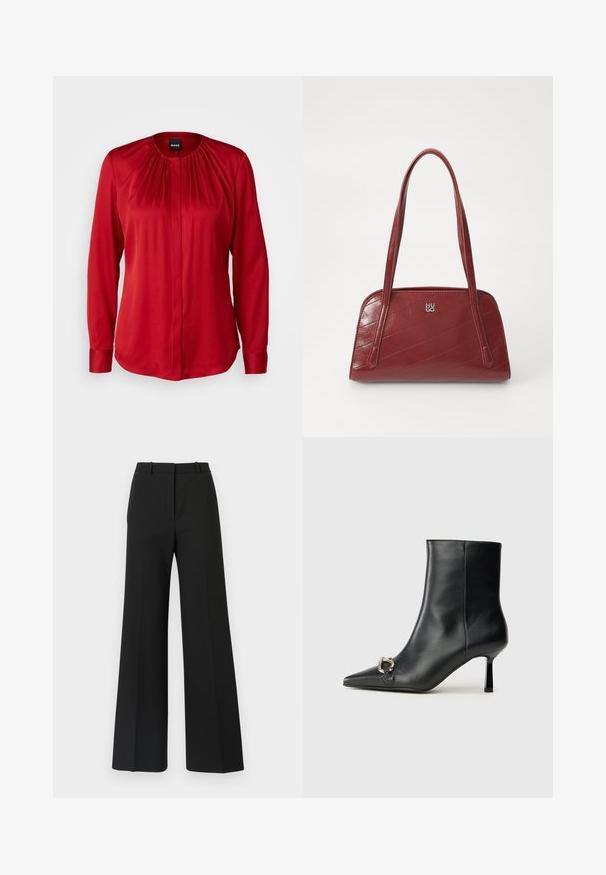 BOSS BANORAH - Hemdbluse - bright red; Schwarze weite Hosen mit maßgeschneidertem Design, das eine glatte Textur und subtile Falten an der Vorderseite aufweist. Keine sichtbaren Beschläge oder Muster.; Schwarze Leder-Stiefelette mit spitzer Zehe, schlankem, mittelhohem Absatz und silberner Schnalle seitlich vor einem schlichten Hintergrund.; Rote, gesteppte Handtasche aus glänzendem Material, mit zwei langen Tragegriffen und einem silbernen Logo-Akzent. Diagonale Nähte schaffen Textur.