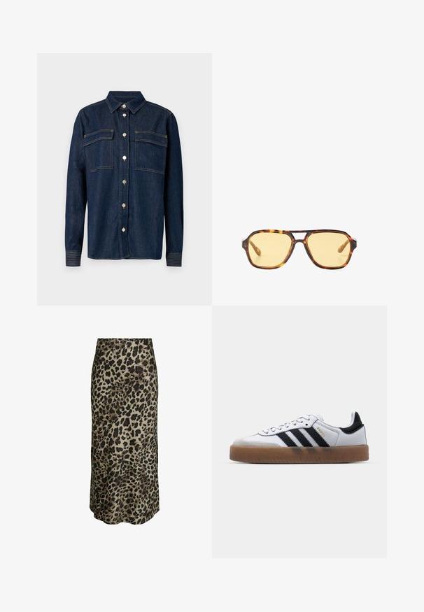 Mörk denimskjorta med krage, två bröstfickor och metallknappar. Har kontrastsömmar och långärmar med knäppning.; Leopardmönstrad midiklänning i ett skimrande tyg. Har en slät yta, neutral beige bakgrund med djupbruna och svarta fläckar.; Vita läderskor med svarta ränder, sula av gummigummi, rund tå, snörning och mjuk grå mocka vid tån.; Sköldpaddsmönstrade solglasögon med geometrisk design, gula linser och metallaccenter vid bågarna. Bred ram och matta ytor.; Vit läderhandväska med guldfärgade detaljer, utrustad med flikstängning och justerbar, avtagbar rem. Rundad metalldekoration i mitten.; Singularu DROP - Örhänge - gold-coloured