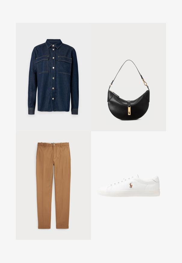 Tamsiai mėlynas džinsinis marškinis su apykakle, dviem krūtinės kišenėmis ir metaliniais mygtukais. Savybės: kontrastinga siuvinėjimas ir ilgomis rankovėmis su mygtukais.; Balta ilgomis rankovėmis marška, pagaminta iš medvilnės, apvalia kaklaskare. Kairėje krūtinės pusėje yra mažas tamsiai mėlynas logotipas. Paprastas dizainas, reguliaraus kirpimo.; Rudos medvilnės kelnes su siauru siluetu, lygiu priekiu ir standartinėmis kišenėmis; sklandžios tekstūros ir apkarpytais rankogaliais.; Baltos odinės sportbačiai, žemo profilio, su lygia tekstūra, apvalia nosimi, raištelių sistema priekyje ir mažyte siuvinėta logo šone.; Juodos odos rankinė pusmėnulio forma. Papuošta auksinėmis detalėmis ir siaura juosta. Lygi tekstūra, užtrauktuko uždarymas viršuje.