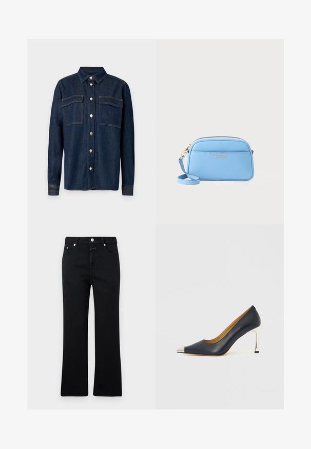 Tmavomodrá džínsová košeľa s golierom, dvoma náprsními vreckami a kovovými gombíkmi. Má kontrastné šitie a dlhé rukávy s gombíkovými manžetami.; Čierne džínsy so strihom s rovnými nohavicami, v štýle s piatimi vreckami, s kovovými komponentmi a mäkkou denimovou textúrou. Minimalistické a jednotné vo farbe.; Tmavomodrá kožená lodička na vysokom opätku so špicatou špičkou, vybavená strieborným metalickým púzdrom a lesklým strieborným štíhlym opätkom.; Svetlomodrá kožená crossbody taška so zlatými detailmi, zipsom a prednou vreckom. Obsahuje nastaviteľný popruh pre pohodlné nosenie.