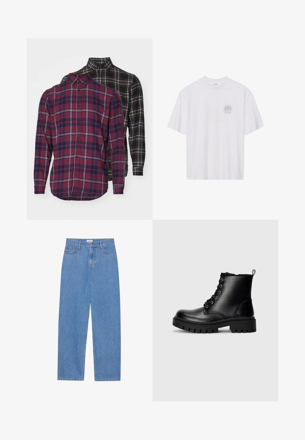 Jack & Jones JJJOSHUA FALL 2 PACK - Camisa - black/vineyard wine; Camiseta de algodão branca com mangas curtas, apresentando um gráfico de um sol em preto na área esquerda do peito, e o texto "NAVEGA O COSMOS" embaixo.; Jeans de denim azul claro com corte reto, design de cinco bolsos, fecho com um único botão e detalhes de costura subtil nas costuras.; Botas de tornozelo em couro preto com biqueira redonda, design de atacadores e uma sola grossa e robusta. Apresenta uma alça no calcanhar e metais prateados.