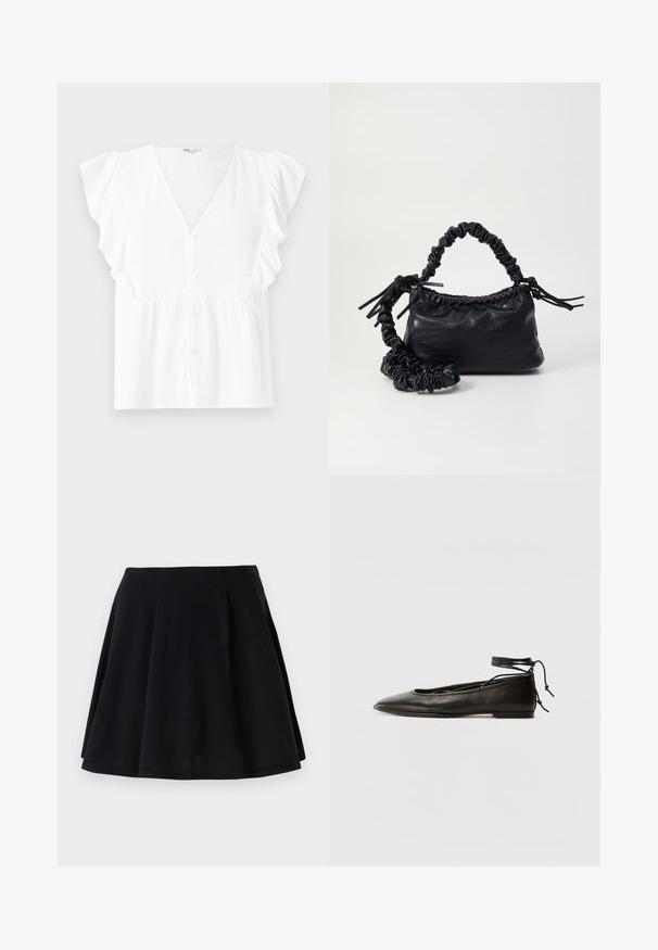 White short-sleeve blouse with a v-neck, button closure, ruffled sleeves, and gathered fabric detail at the waist. Soft, lightweight material.; Black cotton skirt with a flared silhouette, featuring pleats along the waist area and a smooth texture. Suitable for casual wear.; Black leather ballet flats with a pointed toe, ankle tie, and flat sole, featuring a smooth texture and minimalistic design.; Black faux leather handbag with a crocodile texture, cinched top, and a scrunched strap. Appears soft and compact in design.