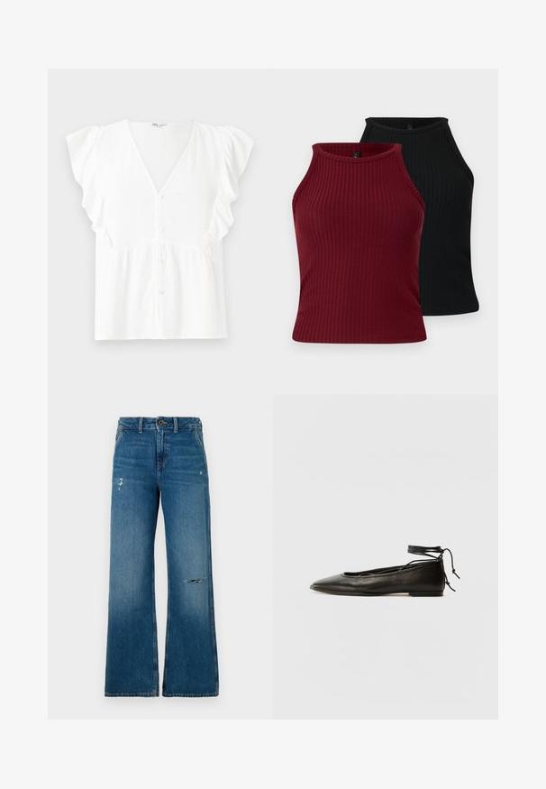 White short-sleeve blouse with a v-neck, button closure, ruffled sleeves, and gathered fabric detail at the waist. Soft, lightweight material.; Two ribbed tank tops: one burgundy and one black. Both feature a high neckline with a fitted form and smooth texture.; Blue denim wide-leg jeans with a faded texture, featuring two distressed areas on the front, a button closure, and five-pocket design.; Black leather ballet flats with a pointed toe, ankle tie, and flat sole, featuring a smooth texture and minimalistic design.