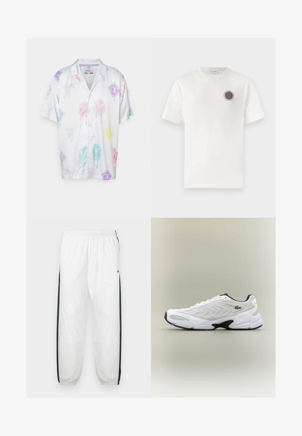 Cămașă cu mânecă scurtă dintr-un material ușor, având imprimeuri grafice multicolore pe un fundal alb, inclusiv logo-uri și modele abstracte.; Tricou din bumbac alb cu mâneci scurte, având un logo circular albastru și portocaliu "Tennis Heritage" pe partea stângă a pieptului.; Pantaloni de trening albi cu panouri laterale de culoare verde închis. Material ușor, talie elastică și tivuri manșonate. Prezintă o textură din plasă pe panourile laterale.; Pantofle sport cu design curbat, superior din plasă texturată albă și talpă neagră în contrast. Prezintă un logo brodat verde pe lateral.