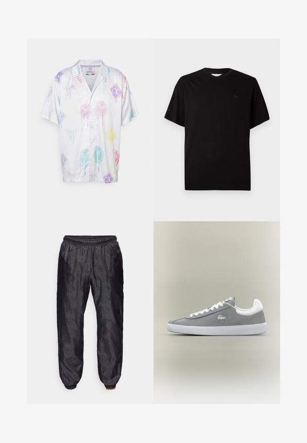 Camisa de manga corta hecha de tela liviana, con impresiones gráficas multicolores sobre un fondo blanco, que incluyen logotipos y patrones abstractos.; Camiseta de algodón negra con cuello redondo, mangas cortas y sutil bordado del logo en el pecho y la manga en negro y azul.; Pantalones negros texturizados con cintura y puños elásticos, que presentan un patrón geométrico en toda la tela. Ligeros y de corte holgado.; Zapatilla de ante gris con suela de goma blanca, cierre con cordones y logo bordado en el lateral. Diseño minimalista con una silueta clásica.