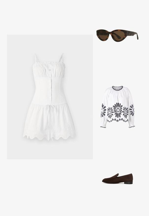 Bílá halenka s námořnickými květinovými výšivkami, dlouhými rukávy, nabíraným výstřihem a elastickými manžetami. Spodní lem má podrobnou krajkovou výzdobu.; Bílé bavlněné šaty s tenkými ramínky, předním zapínáním na knoflíky, přiléhavým korzetem a rozšířenou sukní. Obsahují vyšívaný zvlněný lem a stahovací pas.; Hnědá nazouvací bota s hladkým povrchem, protáhlým tvarem, nízkým blokovým podpatkem a minimalistickým designem. Žádné viditelné vzory nebo ozdoby.; Kočičí sluneční brýle ve stylu želvoviny s hnědými skly, se hladkými, lesklými plastovými rámy a moderním designem. Žádné viditelné logo ani akcenty.; Tory Burch RADZIWILL COLOR-BLOCK PEBBLED PETITE DOUBLE BAG - Kabelka - wild mushroom