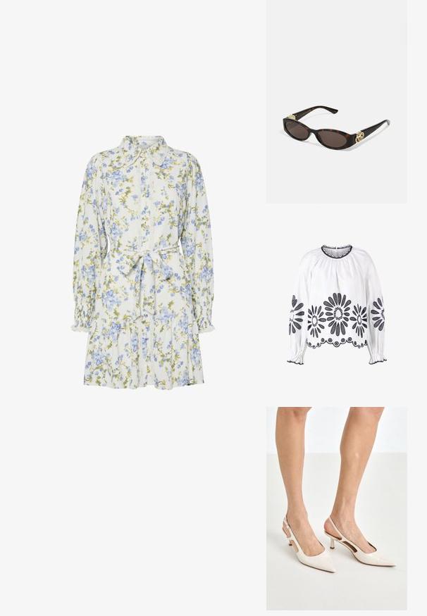 White blouse with navy floral embroidery, long sleeves, gathered neckline, and elastic cuffs. Hem features detailed lace trim.; Floral dress in white with blue and green flowers, featuring a collar, button-down front, long sleeves with elastic cuffs, and a waist tie.; Beige patent leather slingback heels with a pointed toe and 5 cm heel, featuring cut-out sides and a thin ankle strap.; Tortoiseshell sunglasses with elongated oval lenses, brown tint, gold logo accents on temples, and sleek black arms.; Beige patterned handbag with a curved shape, leather accents, and a gold-tone logo on the front. Features a short handle for easy carrying.; Pearl and crystal necklace with a round, beaded design in pale hues, featuring alternating pearls and sparkling accents, worn around the neck.