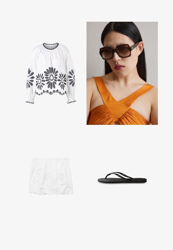 Blouse blanche avec broderie florale marine, manches longues, décolleté froncé et poignets élastiques. L'ourlet présente un bord en dentelle détaillé.; Top blanc à épaules dénudées en tissu léger, avec broderies florales et un design froncé le long du col élastiqué.; Tongs noires avec une semelle en caoutchouc texturée, deux fines lanières et un détail de logo embossé subtil sur la lanière.; Lunettes de soleil oversized en écaille brune avec une large monture rectangulaire et des verres dégradés. Détail du logo doré sur le côté.