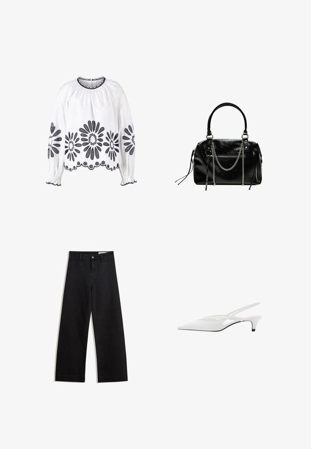 White blouse with navy floral embroidery, long sleeves, gathered neckline, and elastic cuffs. Hem features detailed lace trim.; Black wide-leg denim pants with a high waist, featuring front and back pockets, stitched seams, and a button closure. Smooth texture.; White slingback heel with pointed toe, featuring a smooth upper, subtle cutouts, and a low block heel. Black sole accentuates design.; Bershka WITH CHAIN - Handbag - black