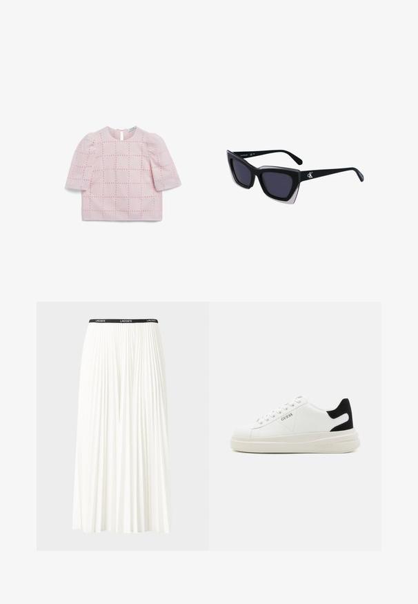 Top corto a maniche corte di colore rosa chiaro con un motivo a griglia testurizzato, caratterizzato da sottili accenti a pois e una chiusura a bottone sul collo della schiena.; Gonna bianca plissettata con elastico nero in vita che presenta il logo "LACOSTE". Design di lunghezza media con texture morbida.; Sneaker bianchi in pelle con suola spessa bianca, accento in suede nero sul tallone e logo impresso sul lato. Design con lacci e sei fori per i lacci.; Occhiali da sole oversize neri dalla forma geometrica, con lenti scure e un dettaglio grigio a contrasto sulla montatura. Logo sul braccio.