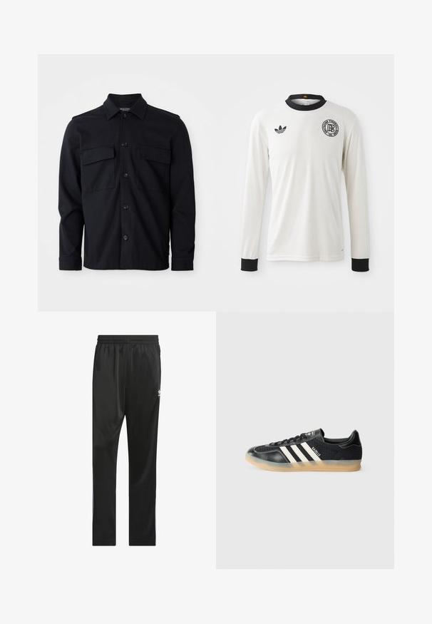 Crna jakna dugih rukava s ovratnikom, prednje zatvaranje na gumbi i dvije prednje džepne preklopne torbice na jednostavnoj bijeloj pozadini.; Bijela dugosvezna nogometna majica s rebrastom teksturom, crnim ovratnikom i manžetama, s crnim Adidas logotipom i kružnim grafičkim amblemom.; Crne atletske hlače od glatkog, laganog materijala. Imaju elastičnu traku u struku i bijele bočne pruge s logotipom na bedru.; Crni atletski tenisice s bijelim prugama, teksturiranom tkaninom, glatkim kožnim vrhom i gumiranim potplatom. Sadrži logotip na jeziku.