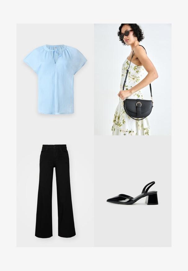 Lys blå kortermet bluse med rund hals og knyte-detajler foran. Laget av mykt, lett materiale med en avslappet passform.; Svart vide bukser laget av denim, med en strukturert midjebånd, beltestropper og frontlommer. Glatt tekstur med et klassisk design.; Svarte patentlær slingback hæler med spiss tå og geometrisk blokk hæl. Har et stilrent, minimalistisk design og jevn tekstur.; Svart lærveske med en buet form, avtagbar stropp og gullbeslag. Vesken har et klaff med spenne-detall.