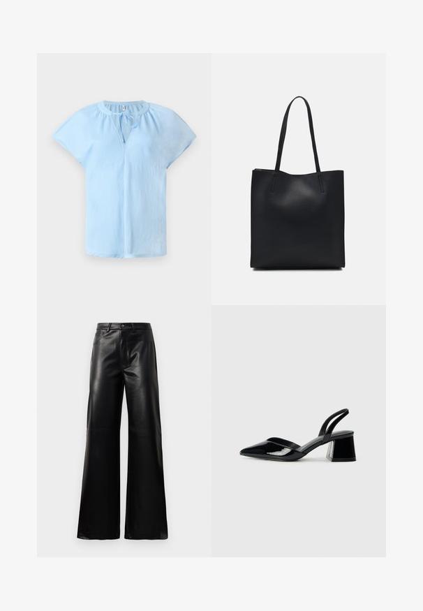 Blusa de mangas curtas de cor azul-claro com decote redondo e detalhe de laço na frente. Feita de tecido macio e leve, com um corte descontraído.; Calças largas de imitação de couro pretas, de cintura alta, com botão frontal, fecho de correr, passadores de cinto e bolsos laterais sobre fundo branco.; Sandy em verniz preto com salto slingback, ponta afilada e salto geométrico. Apresenta um design elegante e minimalista com textura suave.; Bolsa tote preta em couro com textura lisa, forma retangular e duas alças longas. Sem hardware ou enfeites visíveis.