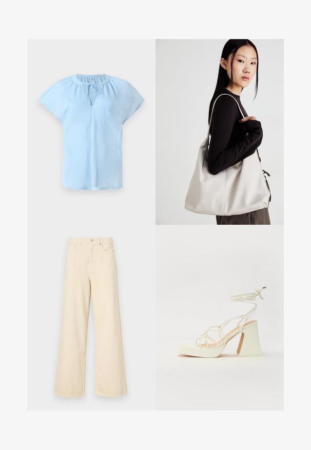 Világoskék, rövid ujjú blúz kerek nyakkivágással és elől megkötő részletével. Puha, könnyű anyagból készült, laza szabással.; Bézs, széles lábú farmernadrág, pamutból készült. Gombos záródással, övhurkokkal és elülső zsebekkel rendelkezik, sima, puha tapintással.; Fehér, magassarkú szandál vastag sarokkal, pántos dizájnnal és bokapánttal. Sima textúra, elülső platformmal a megnövelt magasság érdekében.; Puha anyagból készült bézs kézitáska, laza dizájnnal, varrott részletekkel és két vállpánttal. Mindennapi használatra alkalmas.