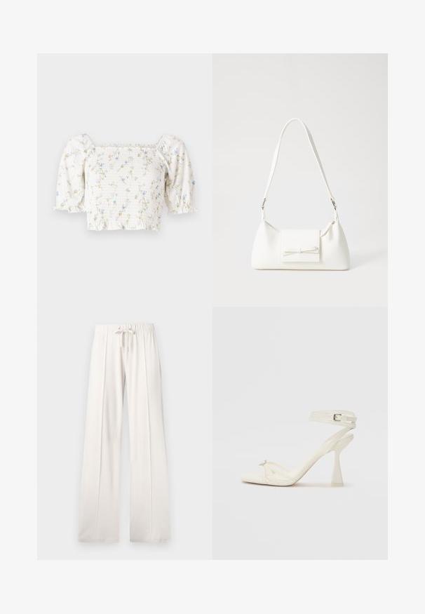 Balta gėlių blusa su trumposiomis pūkuotomis rankovėmis, susiraukšlėtu korpusu ir subtiliais mėlynais ir geltonais gėlių raštais visame audinyje.; Šviesiai smėlio spalvos sportinės kelnės, pagamintos iš minkštos medžiagos, su raišteliu juosmenyje, plačiomis ilgomis kojomis ir vertikaliomis siūlėmis, turinčios lygų paviršių.; Baltos odinės aukštakulnės sandalai su dirželiais, elegantiško dizaino, skaidriu blokiniu kulnu ir dekoratyviu elementu ant piršto.; Balta sintetinė rankinė trikampio formos, plokščiu priekiu su užsegimu, kaspino detale, reguliuojama dirželiu, lygia tekstūra ir minimalistišku dizainu.