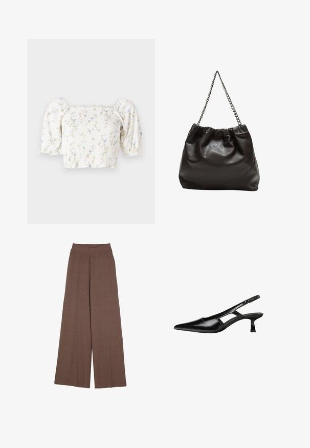 Biela kvetinová blúzka s krátkymi puff rukávmi, smockovaným telom a jemnými modrými a žltými kvetinovými vzormi po celej ploche.; Široké nohavice vyrobené z texturovanej, rebrovanej tkaniny v teplej hnedej farbe. Disponujú bezšvíkovým pásom a splývavým strihom.; Čierne lakované kožené lodičky na podpätku s špicatou špičkou, výrezovým dizajnom na boku a malým štvorcovým podpätkom. Hladký povrch s minimálnymi akcentmi.; Hnedá kožená taška so zberaným vrchom a reťazovým popruhom. Hladký povrch s lesklým finišom a jemným švom po stranách.