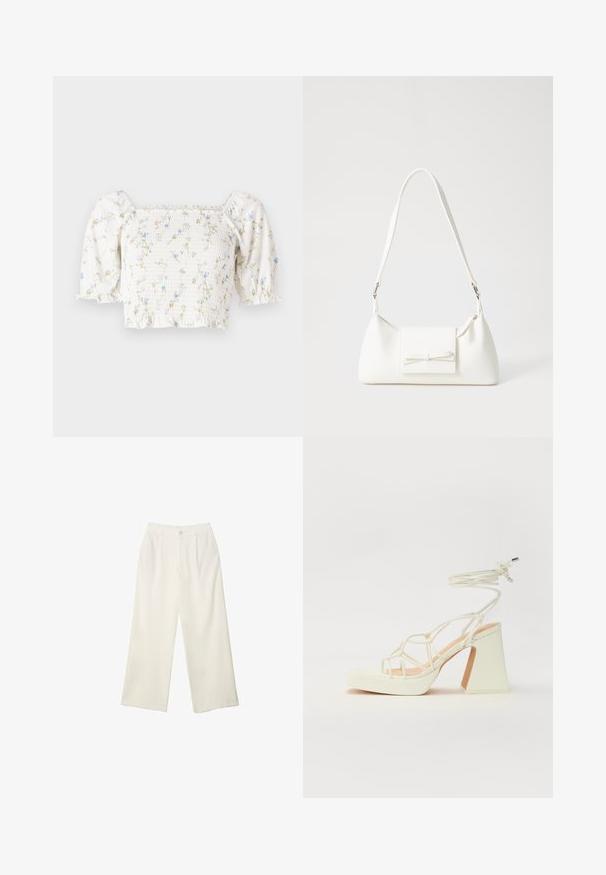 Bela cvetna bluzica s kratkimi napihnjenimi rokavi, smukano telesom in nežnimi modrimi ter rumenimi cvetličnimi vzorci po celotni površini.; Hlače širokih nogavic iz kremaste tkanine z gladko teksturo, z enim sprednjim gumbom, diskretnimi plisami in visokim pasom.; Bela sandala na visokih petah s debelim petam, ki ima obliko trakcev in vezanje okoli gležnja. Gladka tekstura z platformo spredaj za dodatno višino.; Bela sintetična torbica v obliki trikotnika, z ravnim sprednjim poklopcem in detajlom mašne, nastavljivim trakom, gladko teksturo in minimalističnim dizajnom.