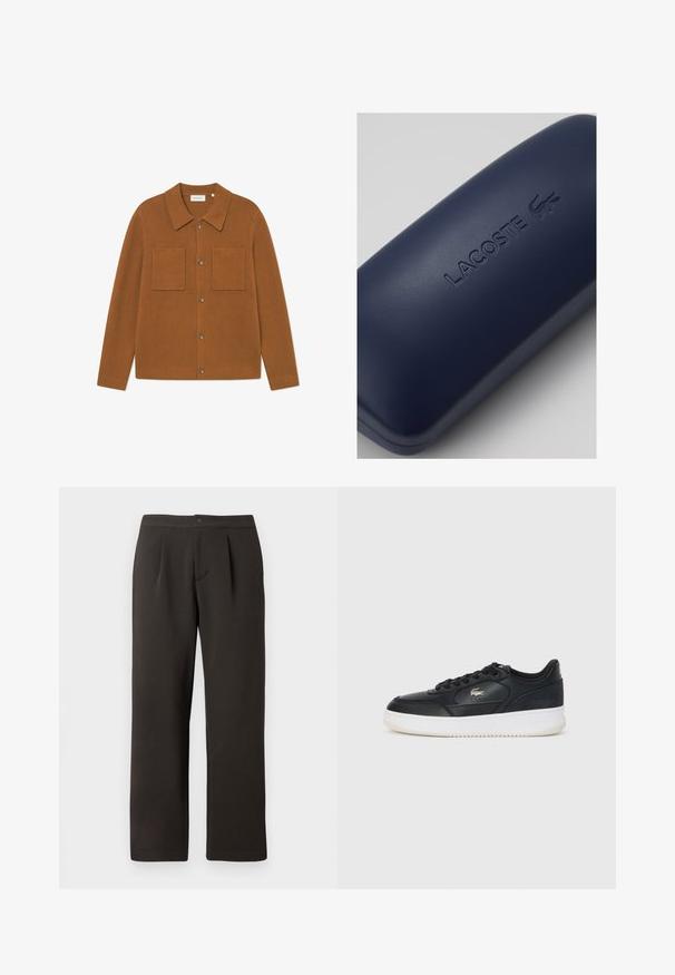 Bruine geribde cardigan met een kraag, twee borstzakken en knoopsluitingen aan de voorkant. Zachte textuur met een relaxte pasvorm.; Donkerbruine, rechte broek met een platte voorkant, twee plooien en een knoopsluiting. Gemaakt van een gladde stof met een lichte textuur.; Zwarte leren sneakers met een witte zool, voorzien van een ronde neus, vetersluiting en een subtiel logo aan de zijkant. Geprofileerde bovenkant accenten.; Marineblauwe harde brilhoes met een gestructureerde afwerking, voorzien van een reliëf 'LACOSTE' merk en een krokodillenlogo op het oppervlak.