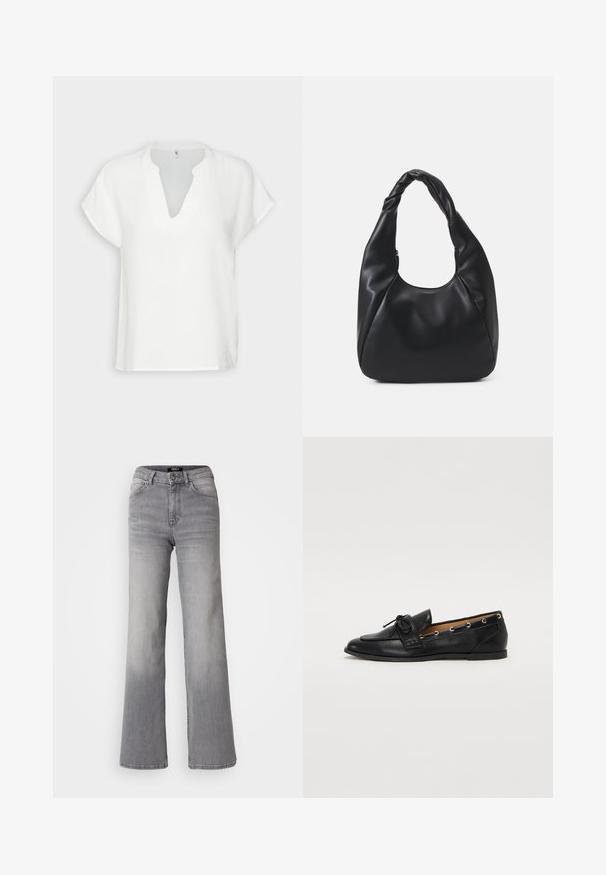 White short-sleeve top with a V-neckline, made of textured fabric, featuring a relaxed fit and subtle seam detailing.; High-waisted straight-leg gray denim jeans with front button and zipper, front and back pockets, and faded shading on thighs and calves.; Black leather loafers with a tied bow, featuring gold eyelet accents along the sides and a flat rubber sole. Smooth texture, classic design.; Black hobo bag made of smooth leather-like material with a twisted handle, featuring a soft, rounded shape and a top zipper closure.