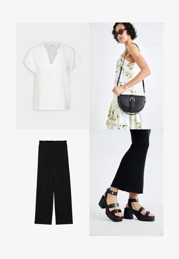 Bela kratka majica s kratkimi rokavi in V-izrezom, izdelana iz teksturirane tkanine, z sproščenim krojem in subtilnimi šivi.; Črne široke hlače s nabranim pasom, ki imajo dva stranska žepa in so izdelane iz gladkega, lahkega blaga. Brez vidnih vzorcev ali kovinskega okova.; Črne platforme s sandali in debelimi, zarezami ter več naramnicami, ki vključujejo kovinske zaponke in gladko teksturo, podobno usnju.; Črna usnjena torbica s ukrivljeno obliko, z odstranljivo naramnico in zlatimi dodatki. Torbica ima pokrov s podrobnostmi v obliki zaponke.