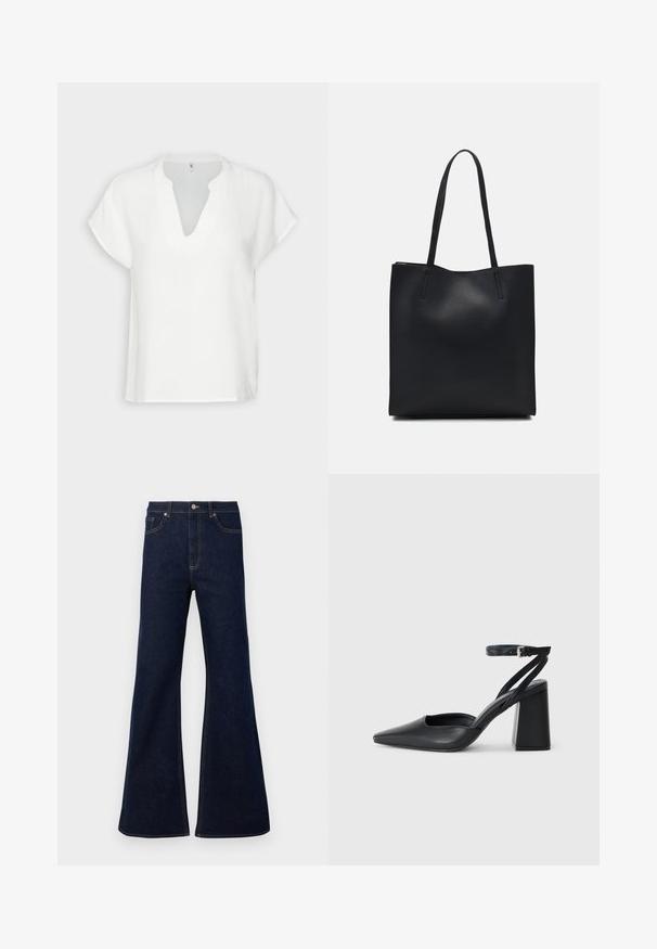 Bela kratka majica s kratkimi rokavi in V-izrezom, izdelana iz teksturirane tkanine, z sproščenim krojem in subtilnimi šivi.; Temno modri flare kavbojke z visokim pasom, sprednjimi žepi in zlatimi šivi. Gladka tekstura s tradicionalnim krojem.; Črne usnjene klasične čevlje z ostrim nosom, z zaponko za gleženj in debelim peto. Ravna tekstura, eleganten dizajn in minimalistična estetika.; Črna usnjena torba s svilnato teksturo, pravokotne oblike in dvema dolgima ročajema. Brez vidnih metalnih delov ali okrasnih elementov.