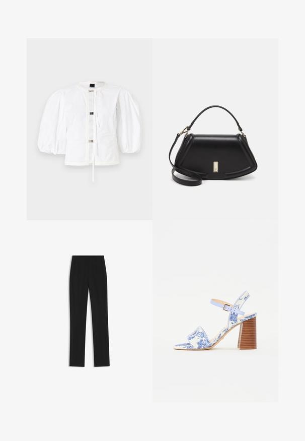 Weißer Blazer mit Puffärmeln und geradem Schnitt, mit einer Vorderseite, die mit metallischen Schnallen verschlossen wird, und einem runden Halsausschnitt. Glattes Baumwollmaterial.; Schwarze maßgeschneiderte Hose mit geradem Bein, ausgestattet mit Fronttaschen und einem glatten, strukturierten Stoff. Saubere, minimale Details.; Blaue sandaletten mit Blumenmuster, quadratischer Zehenpartie, breitem Riemen und verstellbarem Knöchelriemen, ausgestattet mit einem strukturierten Holzblockabsatz.; Schwarze Lederhandtasche mit einem strukturierten Design, das eine verkürzte Form, einen oberen Griff und goldfarbene Hardware-Details aufweist. Verstellbarer Schulterriemen ist enthalten.