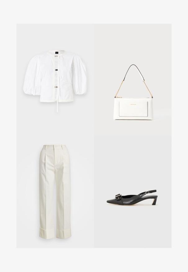 Hvit jakke med puffermer og rett snitt, med frontlukking med metallspenner og rund hals. Glatt bomullsstoff.; Hvite skreddersydde bukser med høy midje, doble frontfold, og vide ben med brettede mansjetter. Laget av et glatt, teksturert stoff.; Svarte skinn slingback-sko med spiss tå, liten hæl og dekorativ spenne-detalj på overdelen. Glatt tekstur, minimalistisk design.; Hvit lærveske med teksturert overflate, utstyrt med gullkjede for å bære over skulderen og svarte detaljer. Inkluderer en frontlomme og glidelås.