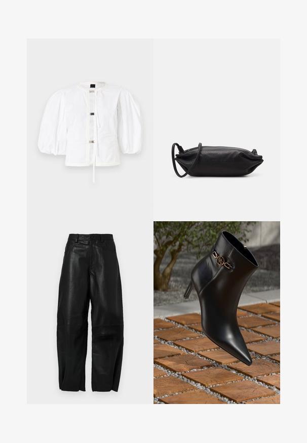 Weißer Blazer mit Puffärmeln und geradem Schnitt, mit einer Vorderseite, die mit metallischen Schnallen verschlossen wird, und einem runden Halsausschnitt. Glattes Baumwollmaterial.; Schwarze Lederhose mit lockerer Passform, geradem Bein, Fronttaschen und sichtbaren Nähten.; Schwarze Leder-Ankle-Boots mit spitzem Zehen und kleinem Absatz. Mit einem goldenen Kettenakzent am Knöchel. Umgeben von einer strukturierten Steoberfläche.; Schwarze Leder-Clutch mit rechteckiger Form, glatter Textur, dünnem Schulterriemen und minimalistischer Gestaltung.