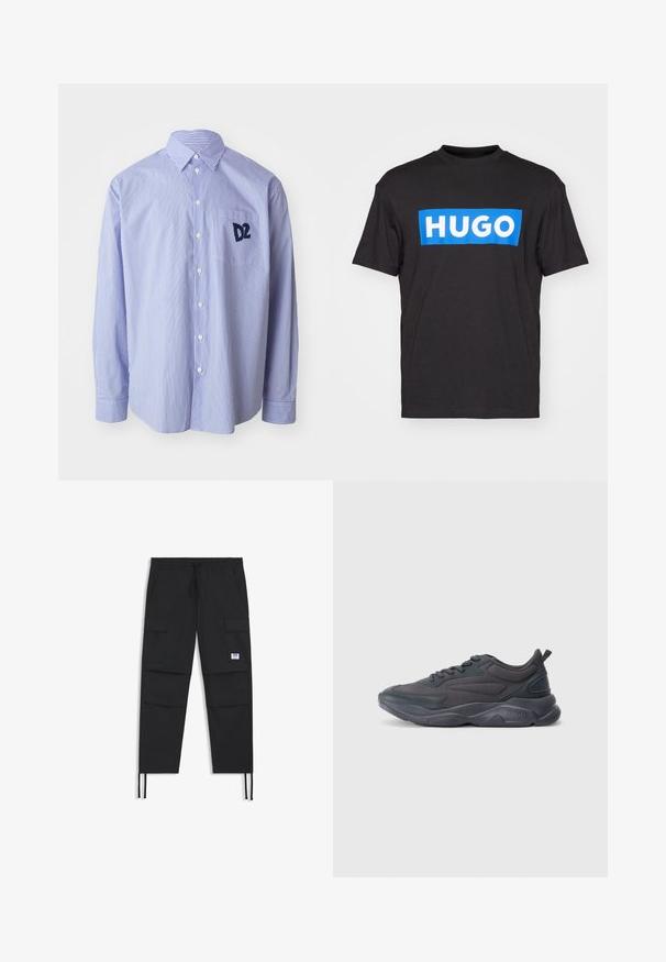 Camicia a maniche lunghe a righe blu e bianche in cotone. Presenta un colletto button-down e una tasca sul petto con un logo blu navy.; T-shirt di cotone nera con un logo rettangolare blu con il testo "HUGO" in bianco, collo rotondo e maniche corte.; Pantaloni cargo neri con vita regolabile tramite cordino, numerose tasche, polsini elasticizzati e un discreto logo. Realizzati in tessuto leggero.; Scarpe sportive nere con una tomaia in rete e materiale sintetico, caratterizzate da una punta arrotondata, una soletta testurizzata e un logo del marchio ben visibile sul tallone.