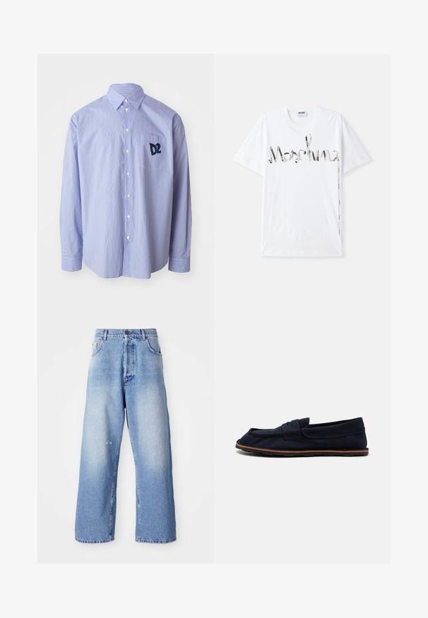Langärmliges Hemd mit blauen und weißen Streifen aus Baumwolle. Mit einem Button-Down-Kragen und einer Brusttasche mit einem navyfarbenen Logo.; Weißes Baumwoll-T-Shirt mit einem grafischen Logo in Schwarz und Silber, das einem Band ähnelt. Kurze Ärmel und ein Rundhalsausschnitt.; Hellblaue Denim-Jeans mit weitem Bein und verblasster Optik, ausgestattet mit einem Knopfverschluss, Gürtelschlaufen und leichten Verwitterungen in Kniehöhe.; Marineblaue Segelschuhe aus Canvas mit flacher Sohle, einem genähten Riemen über dem Spann und braunen Gummi-Akzenten an der Sohle für besseren Halt.